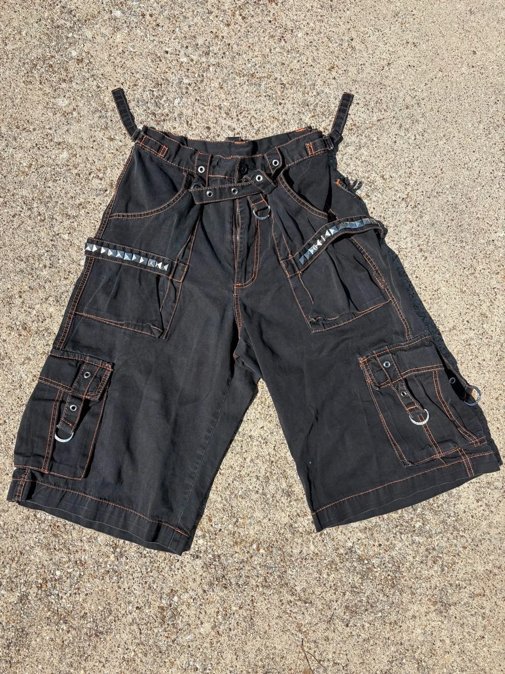 Vintage Tripp NYC Goth Black and Orange Utility Cargo Shorts with Studded Trim.